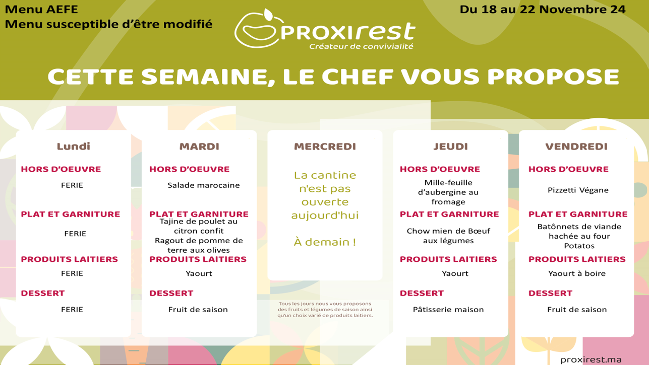 Menu du service de restauration