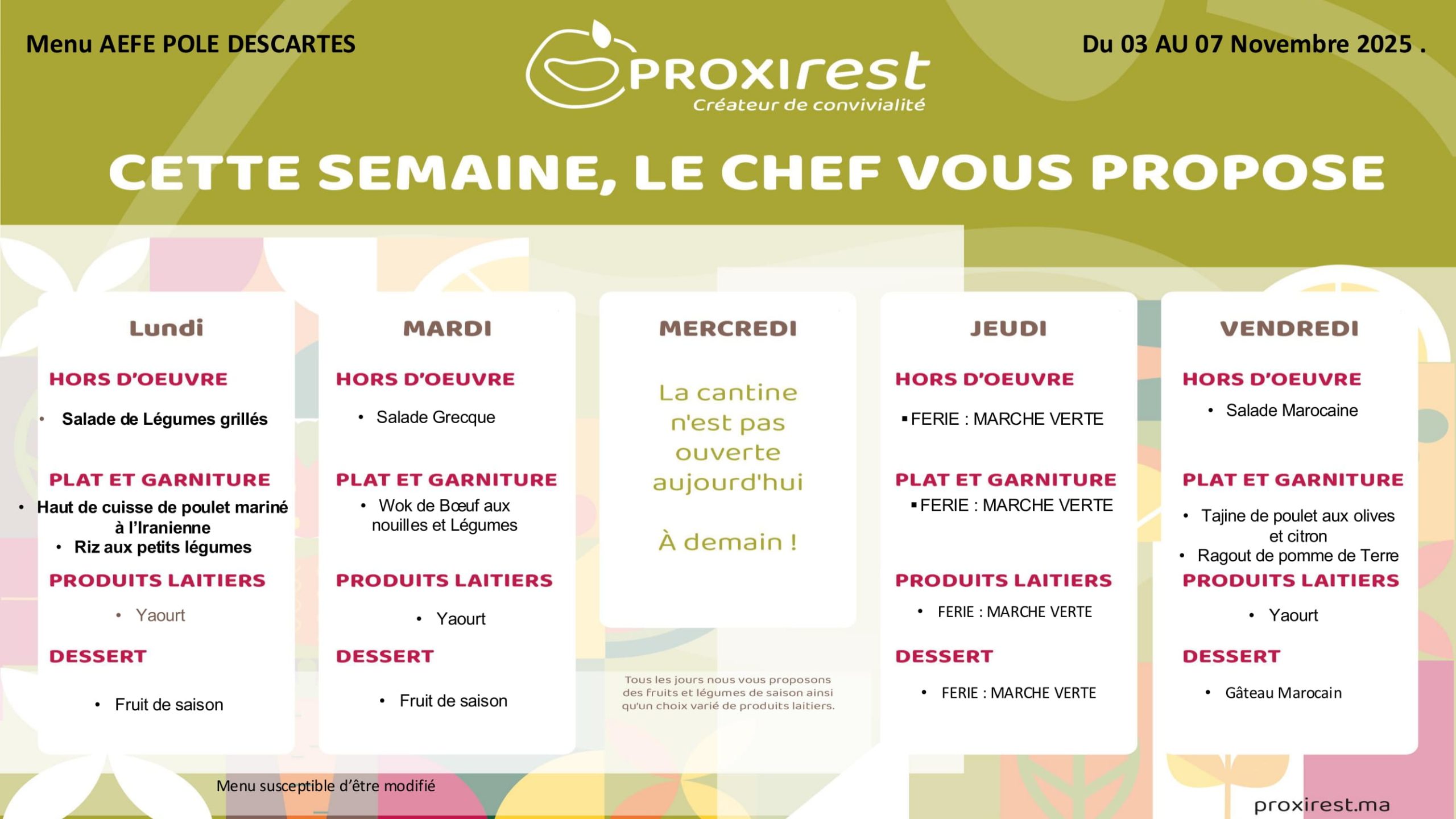 Menu du service de restauration