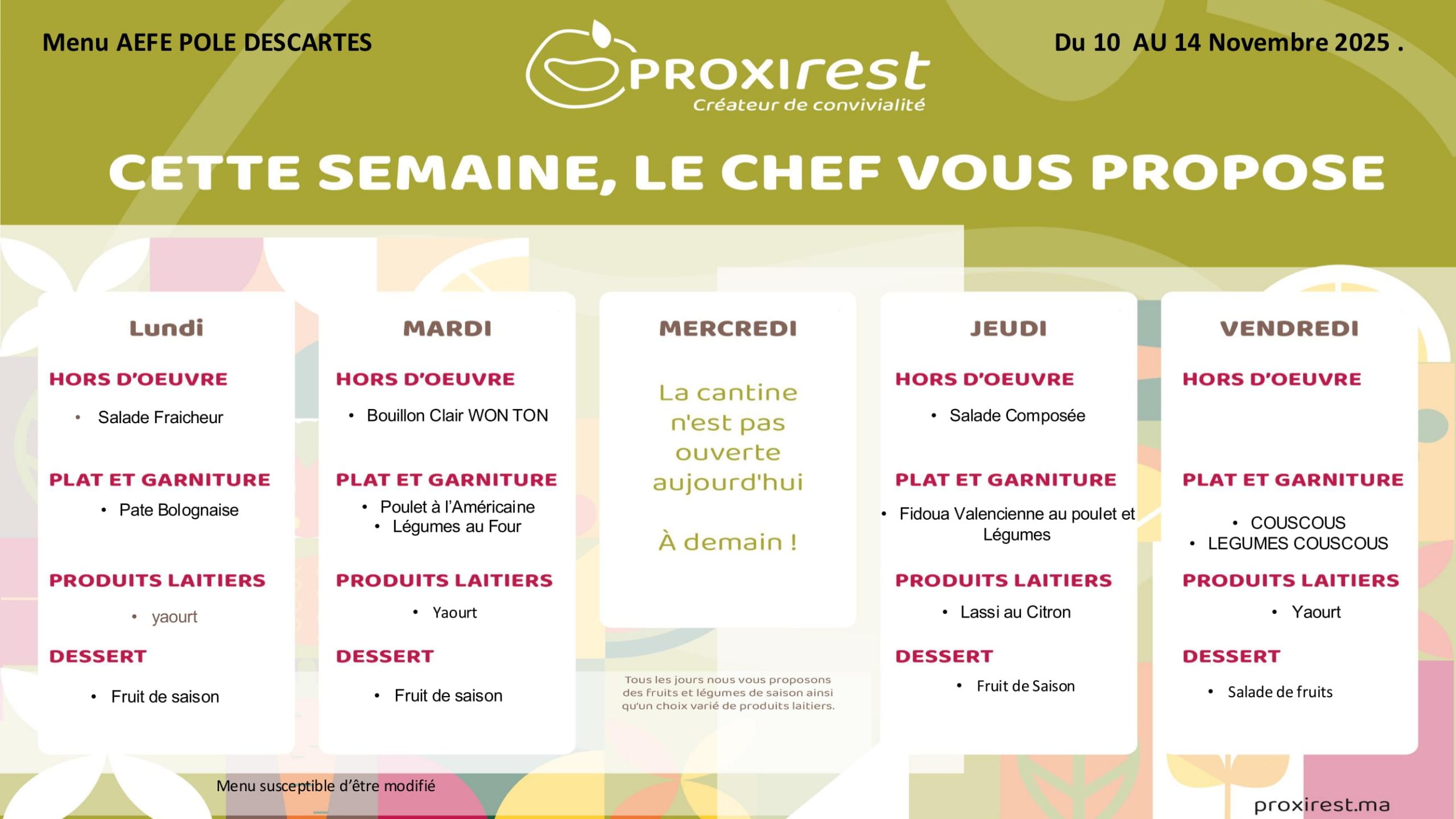 Menu du service de restauration