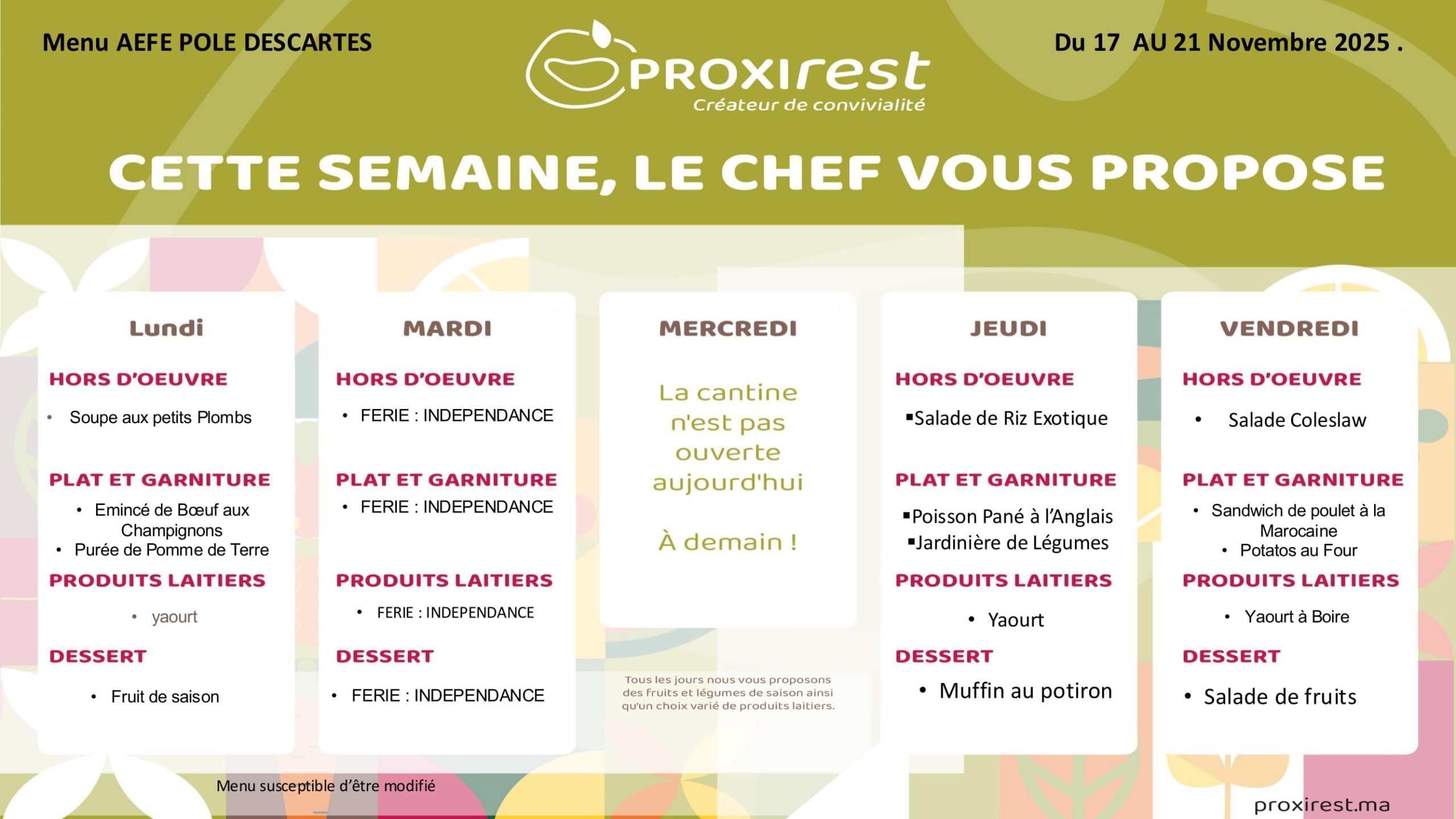 Menu du service de restauration