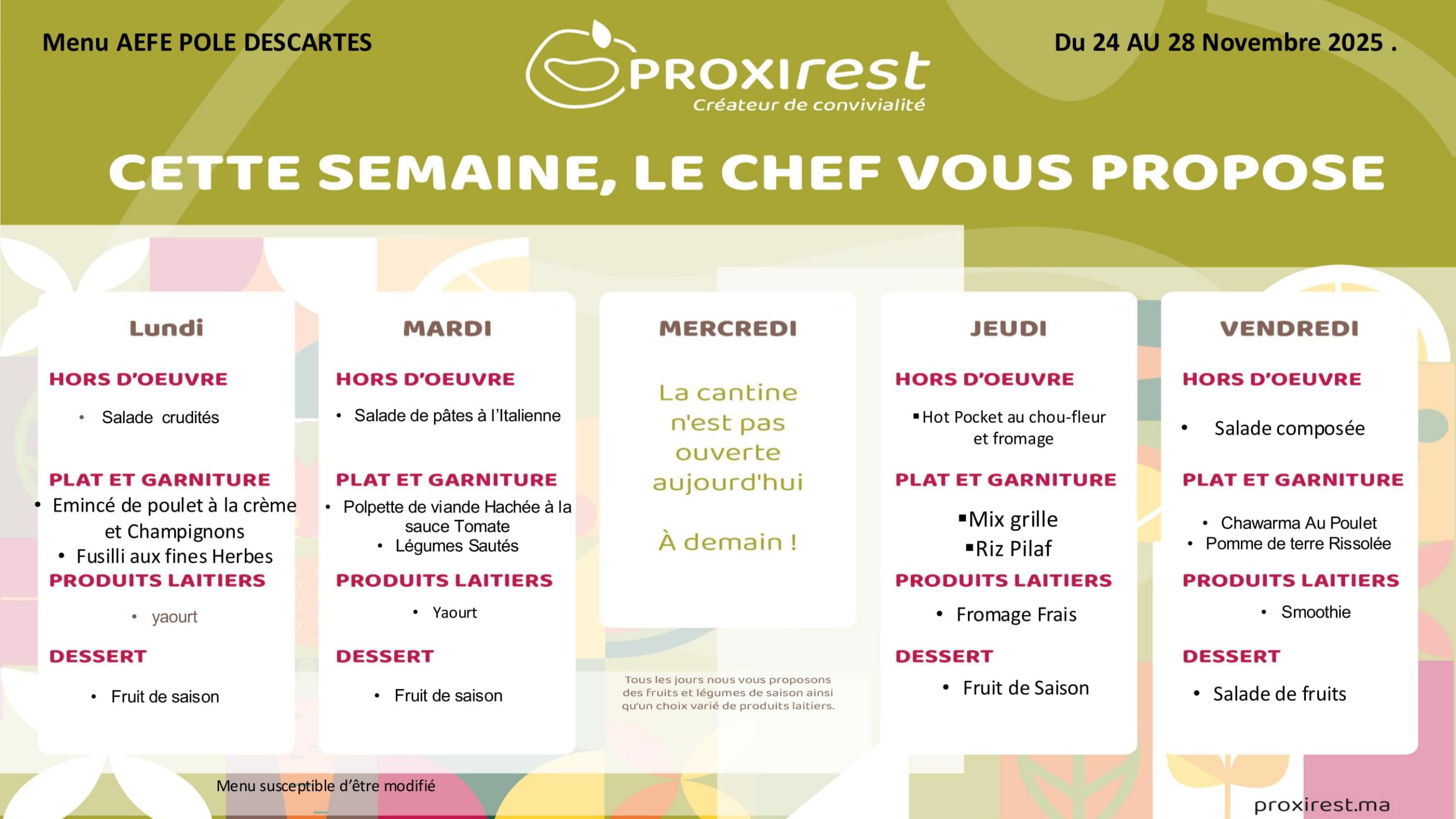 Menu du service de restauration